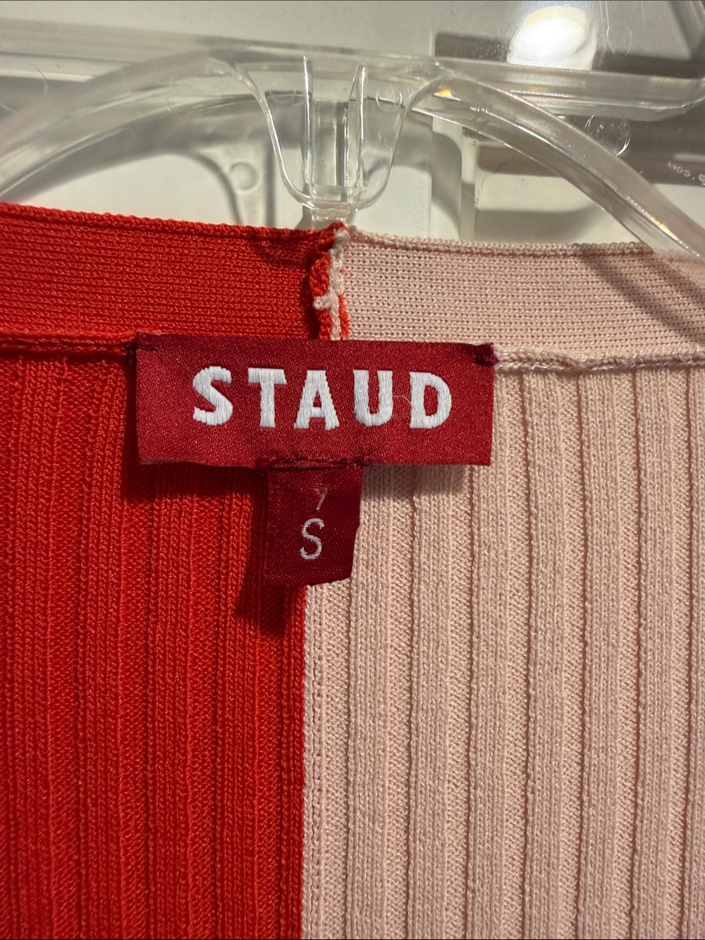 STAUD Colorblock Ribbed V-Neck Cardigan - Red & Light Pink - Picture 2 of 5